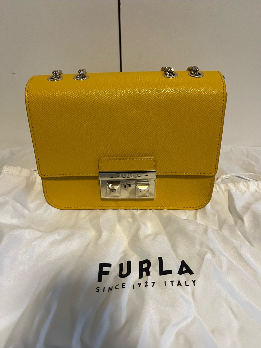 Furla Bright Yellow Saffiano Leather Crossbody with Gold Hardware